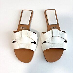 ZARA White Cross-Strap Flat Leather Sandals Women's Size EU 38 US 9 Causal Comfy